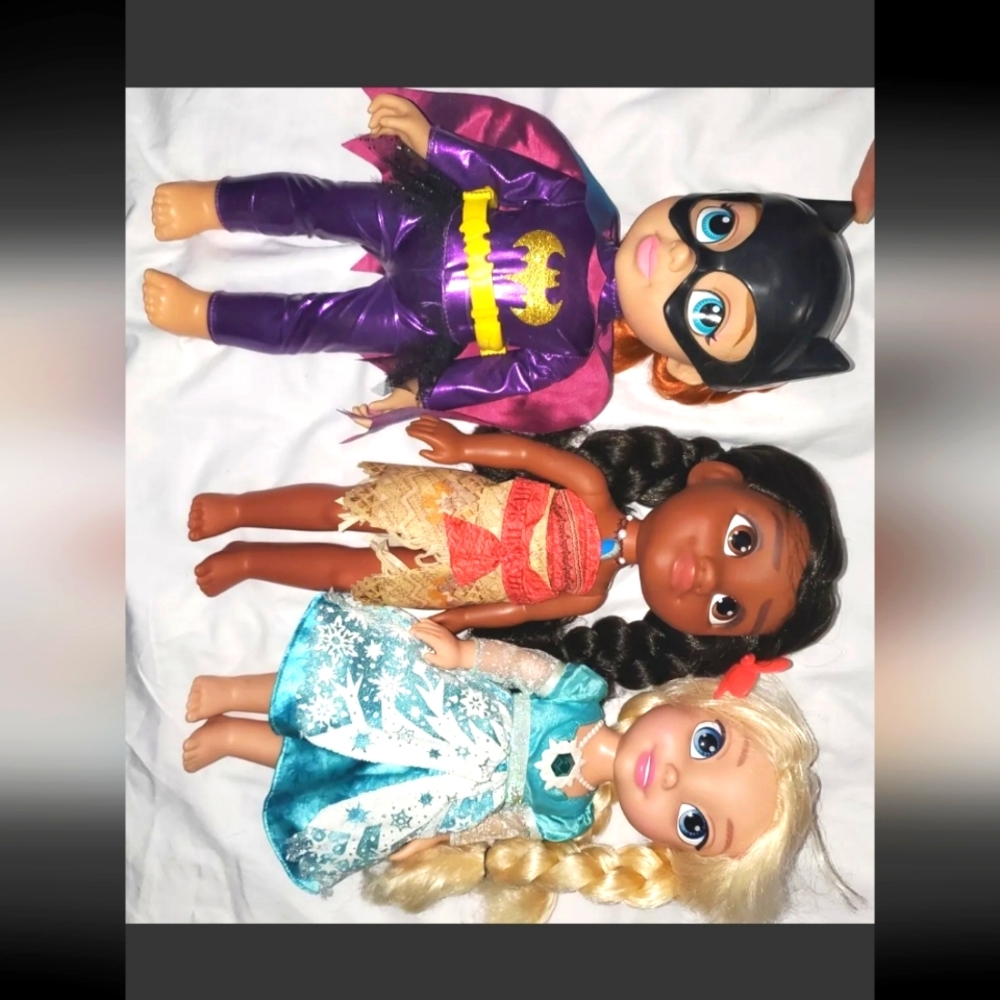 :*3 toddler Disney Princess Doll Baby 13" singing Frozen Elsa Moana & DC batgirl